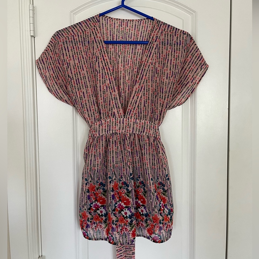 Women’s Pink Floral Flowy Blouse Deep V Neck Tie Waist